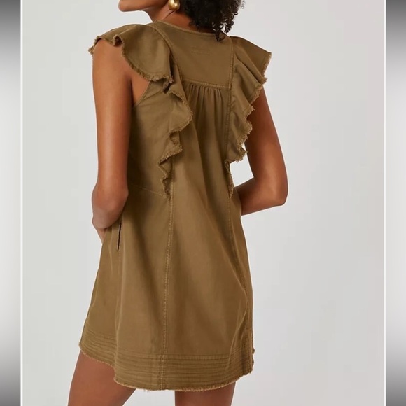 Anthropologie Pilcro Moss Flutter Sleeve Button Front Tunic Dress Olive Green L - Picture 2 of 11